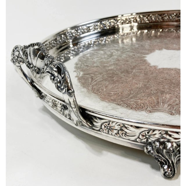 Vintage Footed Round Engraved Silver Plate Tray For Sale - Image 9 of 11