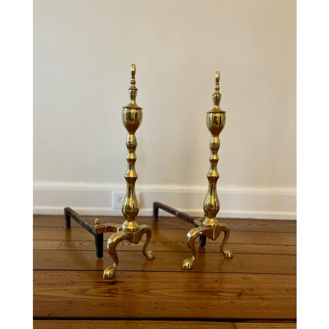 Metal Vintage 1980s Polished Brass Andirons, Pair For Sale - Image 7 of 7