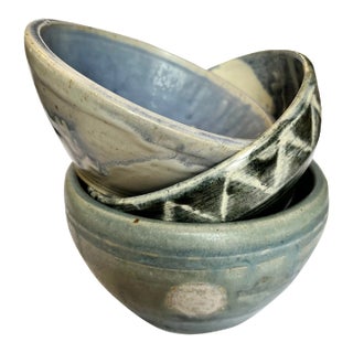 Contemporary Marked Blue Hand-Turned Bowls, Set of 3 For Sale