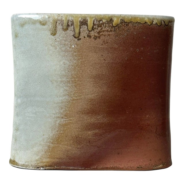 Vintage Anagama Fired Ash Glaze/Crackle Glaze Stoneware Vase, Signed For Sale