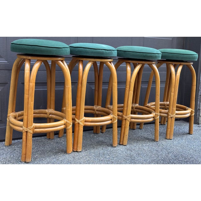 Paul Frankl Mid-Century Paul Frankl Style Bentwood Rattan Bar Stools - Set of Four For Sale - Image 4 of 11