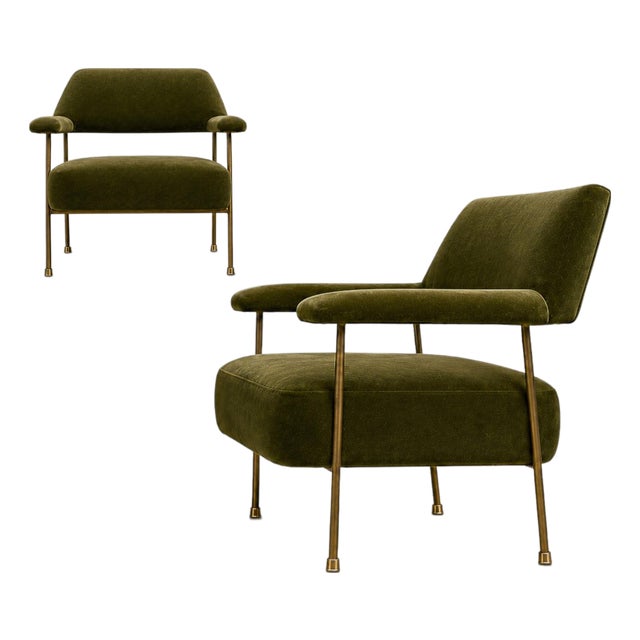Brazilian Modern Pair of Armchairs in Aged Brass & Olive Green Mohair by Joaquim Tenreiro, 1950s For Sale