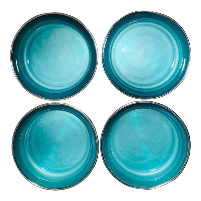 Turquoise Glass and Silverplate Coasters, Set/4 For Sale