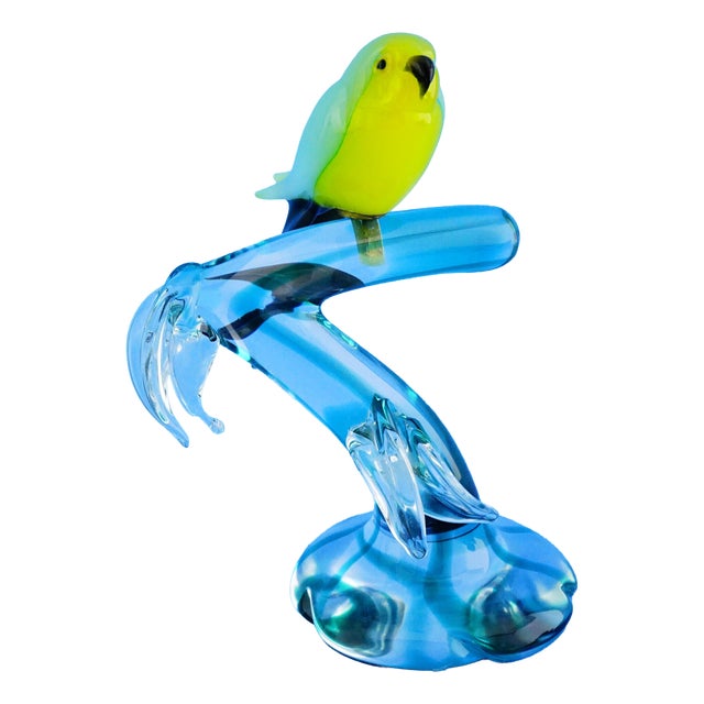 20th Century Sculpture of Parrot on Branch in Opaline Murano Glass attributed to Seguso Glassworks, Set of 2 For Sale