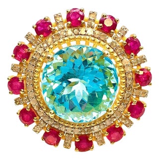Bochic "Orient" Vintage African Ruby, Topaz & Diamond Ring Set In 18K Gold & Silver For Sale