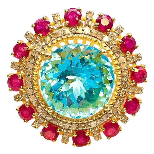 Bochic "Orient" Vintage African Ruby, Topaz & Diamond Ring Set In 18K Gold & Silver For Sale