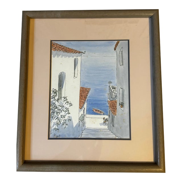 Mid 20th Century Mid-Century Modern Greek Coastal Street Scene Watercolor by Pamela Plant, Signed For Sale