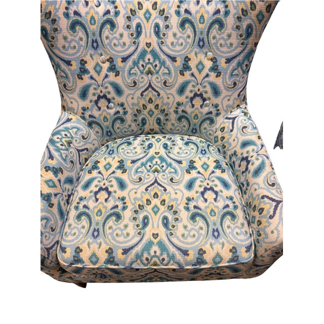 Navy Blue Transitional Ikat-Style Upholstered Wing Armchairs, a Pair For Sale - Image 8 of 8