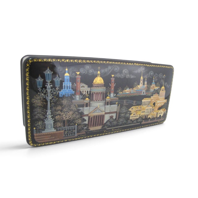 Traditional Russian Kholuy Panoramic Saint Petersburg Hand Painted Lacquer Casket Box Signed For Sale - Image 3 of 16