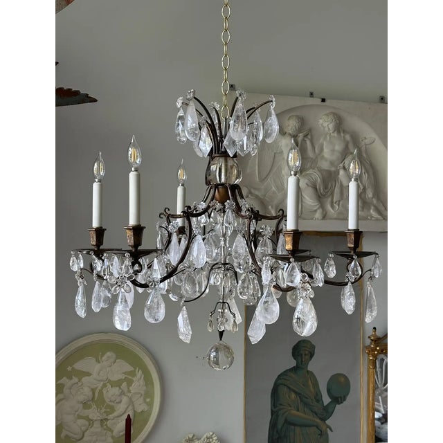 Pair of Maison Bagues Patinated Iron and Rock Crystal Chandeliers For Sale - Image 9 of 9