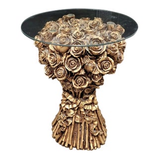 21st C Antique Gold Gilt Gold Rose Bouquet Accent Table For Sale