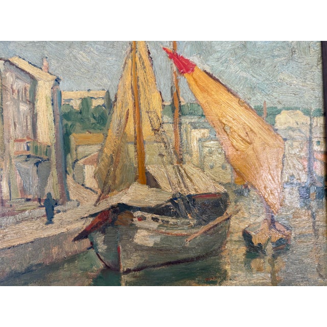 This is a lovely harbor scene painting on board signed and dated Vivian Hallberger, 1929.