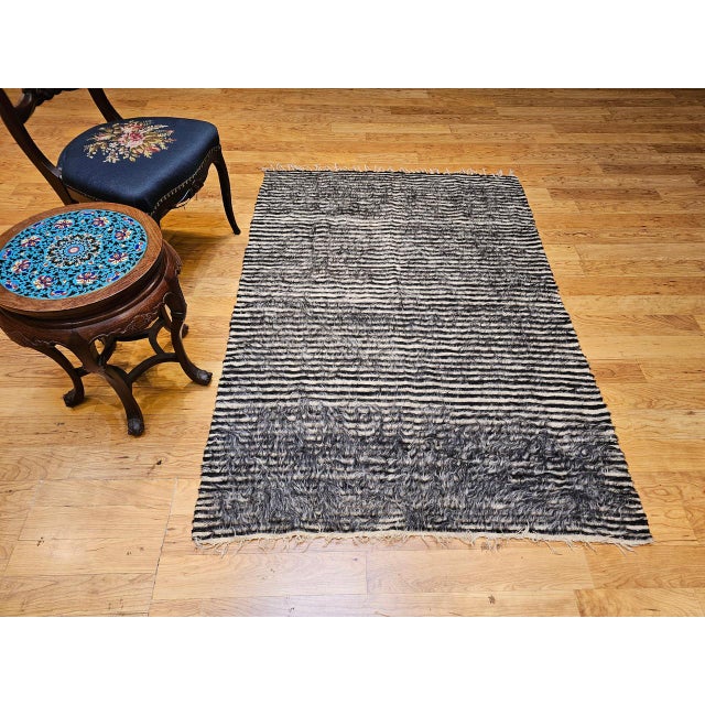 Mid 20th Century Vintage Turkish Tulu Rug, Handwoven, Shaggy Wool Pile, Stripe Design, 4' x 6' For Sale - Image 5 of 14