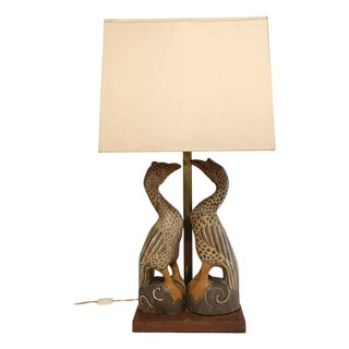 Sculptural Table Lamp with Couple of Birds in Polychrome Wood, 1960s For Sale