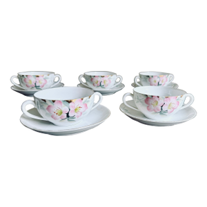 Early 20th Century Noritake Azalea Cream Soup Cups With Saucers, Set of Five