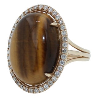 Golden Oval Tiger's Eye Cabochon Diamond Halo Cocktail 14 Karat Yellow Gold Ring, Size 7 For Sale