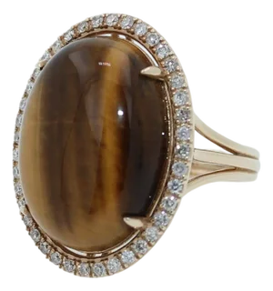 Golden Oval Tiger's Eye Cabochon Diamond Halo Cocktail 14 Karat Yellow Gold Ring, Size 7