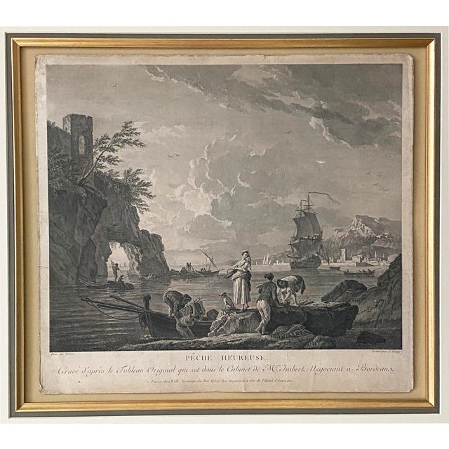 Claude Joseph Vernet "La Peche Heureuse" Engraving by A. Zingg. Beautiful black and white grayscale engraving on paper,...