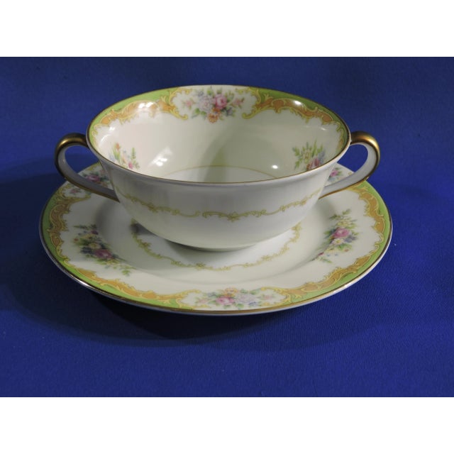 Ceramic Early 20th Century Noritake Morimura Bro's Japanese Porcelain Echinacea & Rose Double Handled Cream Soup Cups & Saucer Set- 16 Pieces For Sale - Image 7 of 12