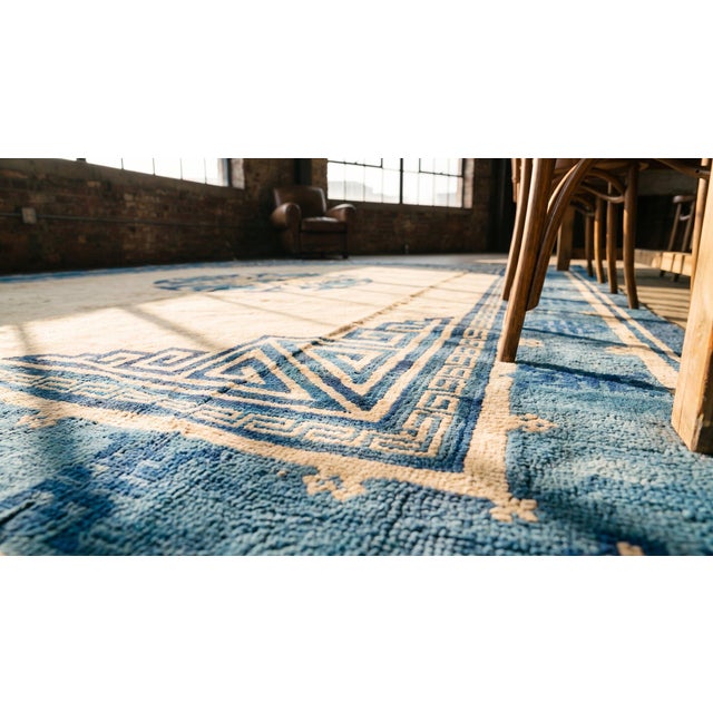 Textile Cute Beige Background and Blue Border Color Traditional Medallion Design Antique Chinese Peking Rug For Sale - Image 7 of 8