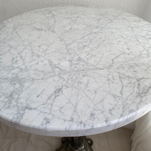 Vintage Silver Finish Cast Iron Garden Bistro Table With Marble Top For Sale - Image 9 of 12