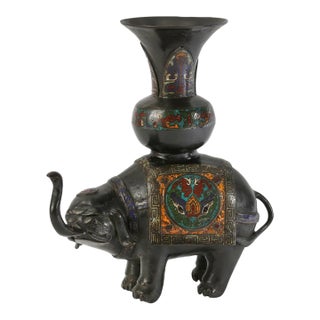 Antique Japanese Champlevé Enameled Bronze Elephant Okimono Vase For Sale