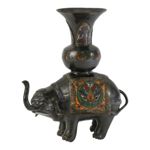 Antique Japanese Champlevé Enameled Bronze Elephant Okimono Vase