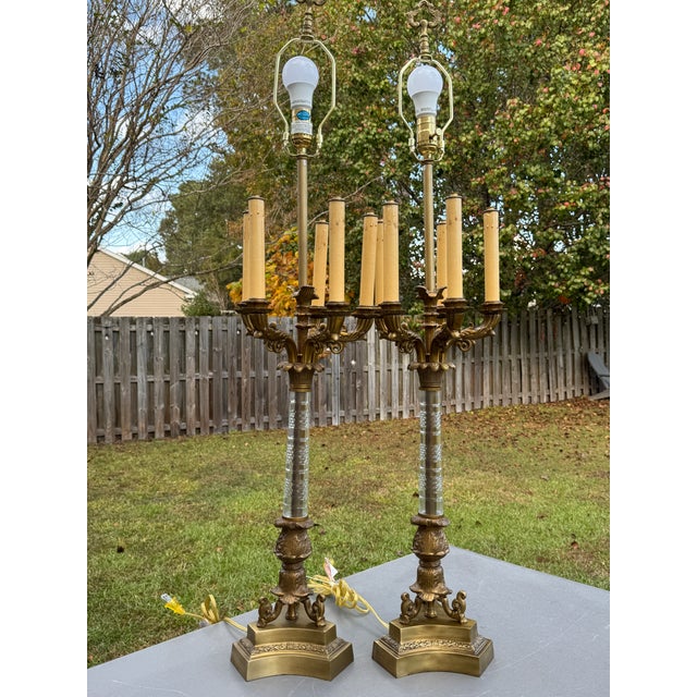 Mid 20th Century French Empire Gilt Bronze 5-Light Candelabra Lamps W/John Richard Shades For Sale - Image 11 of 18