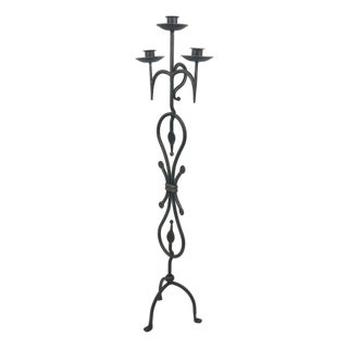 Hand Forged Wrought Iron Floor Candelabra 44.5″ (113cm) Antique Gold Patina 3-Arm Scroll Design Candle Holder Classic Fireplace Decor For Sale