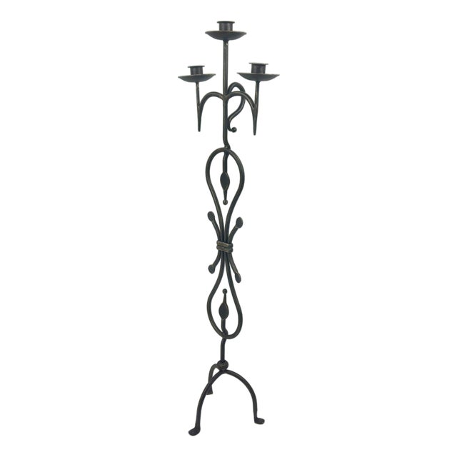 Hand Forged Wrought Iron Floor Candelabra 44.5″ (113cm) Antique Gold Patina 3-Arm Scroll Design Candle Holder Classic Fireplace Decor For Sale