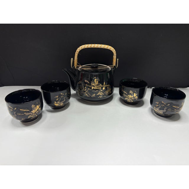 Black Vintage Japanese Black & Gold Tea Set | Teapot W Bamboo Handle + 4 Cups | Chinoiserie Landscape | Japan Porcelain Tea Service For Sale - Image 8 of 10