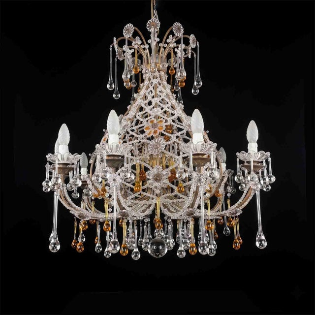 Metal Italian Beaded Crystal 10-Light Chandelier with Amber Drops, 1950s For Sale - Image 7 of 16