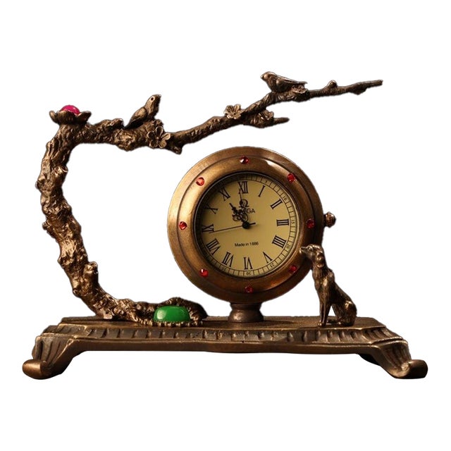Vintage Bronze Table Clock Jeweled Bird & Dog Sculptural Desk Timepiece 4.3" For Sale