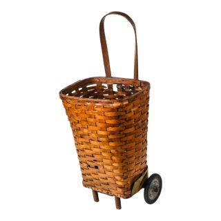 1950s Splint Wood Rolling Market Basket Cart For Sale