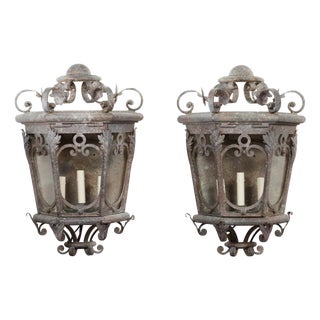 1920s French Iron Three-Light Lanterns with Scrolling Motifs and Foliage - a Pair For Sale