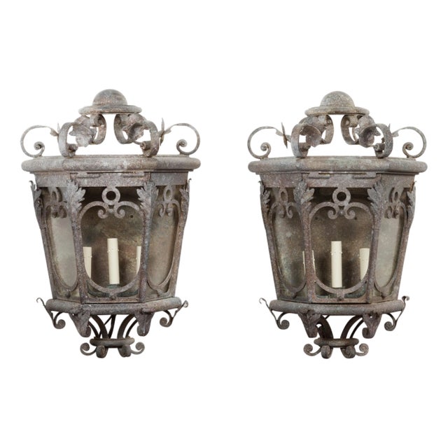 1920s French Iron Three-Light Lanterns with Scrolling Motifs and Foliage - a Pair For Sale