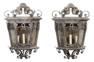 1920s French Iron Three-Light Lanterns with Scrolling Motifs and Foliage - a Pair