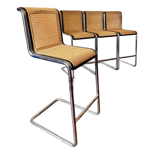 A Rare Set of Four Cesca Bar Stools in Cane and Chrome, Circa 1970s. Attributed to Marcel Breuer for Knoll For Sale