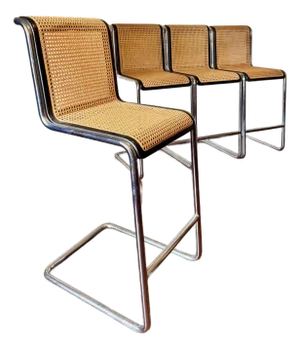 A Rare Set of Four Cesca Bar Stools in Cane and Chrome, Circa 1970s. Attributed to Marcel Breuer for Knoll