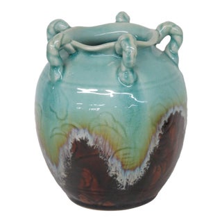 Ceramic Pottery Vase Turquoise Celadon Drip Crackle Glaze 5 Handled Jug 4861b For Sale