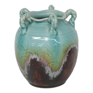 Ceramic Pottery Vase Turquoise Celadon Drip Crackle Glaze 5 Handled Jug 4861b