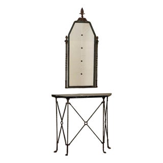 1920s Oscar Bach Attributed Iron Console and Beveled Mirror Set With Marble Top For Sale