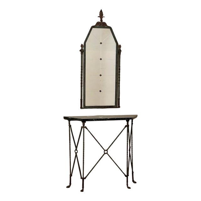 1920s Oscar Bach Attributed Iron Console and Beveled Mirror Set With Marble Top For Sale
