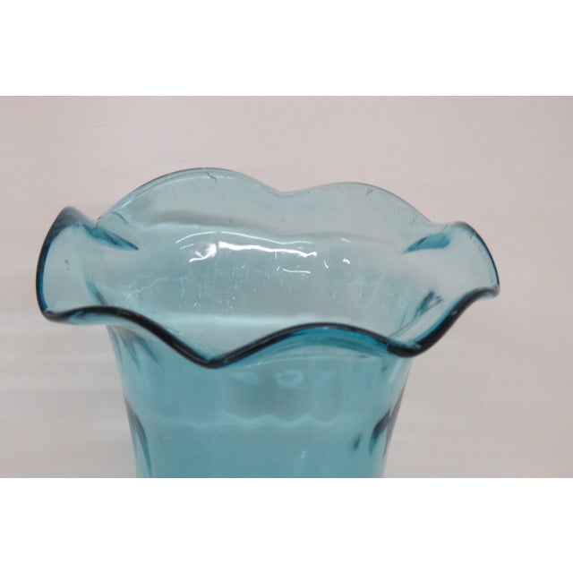 Turquoise Aqua Blue Vase Hand Blown Sculpted Art Glass With Ruffled Edge 4755b For Sale - Image 4 of 11