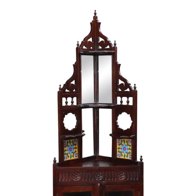 Gothic Handmade Hand Carved Display Cabinet With Mirror & Tile | Solid Teak Wood Storage Cabinet | Vintage Corner Indian Display Mirror For Sale - Image 3 of 4