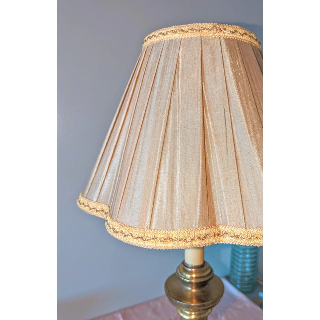 Vintage Large Brass Candlestick Lamp With Silk Pleated Shade For Sale - Image 4 of 5