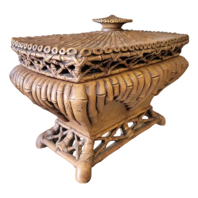 Vintage Faux Bamboo Plaster Decorative Regency Storage Table Box For Sale