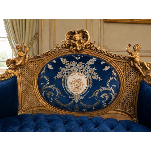 1940 French Artisan Louis XVI Gold Blue Beech Settee For Sale - Image 12 of 17