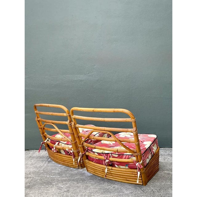 Wood Vintage Stacked Wave Rattan Slipper Chairs After Paul Frankl For Sale - Image 7 of 13