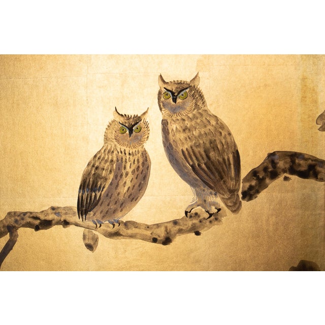 Wood "Owl Family" by Shunko, Late Showa Painted Japanese Byobu Screen For Sale - Image 7 of 18